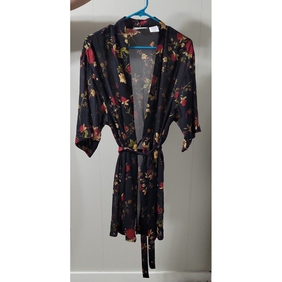 Secret Treasures Short Kimono Semi Sheer Robe Black Floral Ladies Size Small - Picture 1 of 6